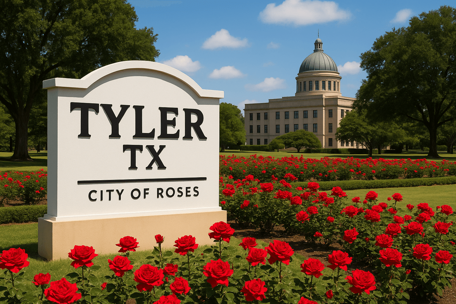 Sign welcoming visitors to Tyler, TX, with "CITY OF ROSES" inscription, surrounded by vibrant red rose bushes and a historic building in the background, representing the local charm and community.