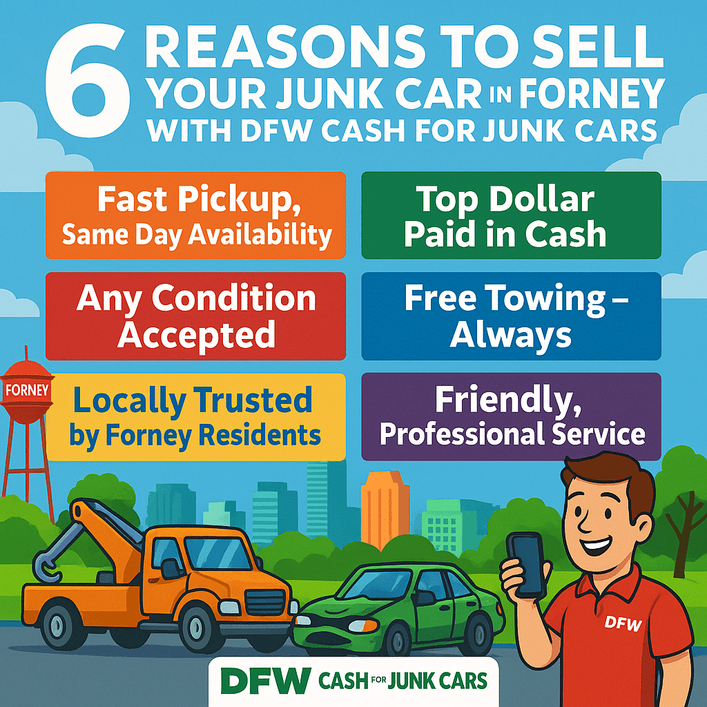 6 reasons to sell your junk car in Forney with DFW Cash for Junk Cars, featuring fast pickup, cash payments, free towing, and local trust, with an illustration of a tow truck and cars.