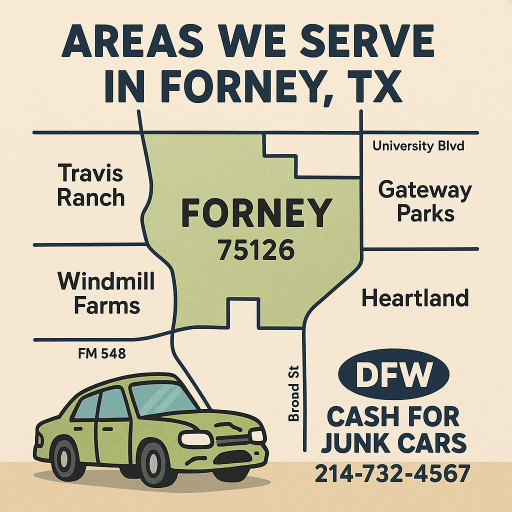Map of Forney, TX highlighting areas served by DFW Cash for Junk Cars, including Travis Ranch, Windmill Farms, Gateway Parks, and Heartland, featuring a green car and contact information for junk car removal services.