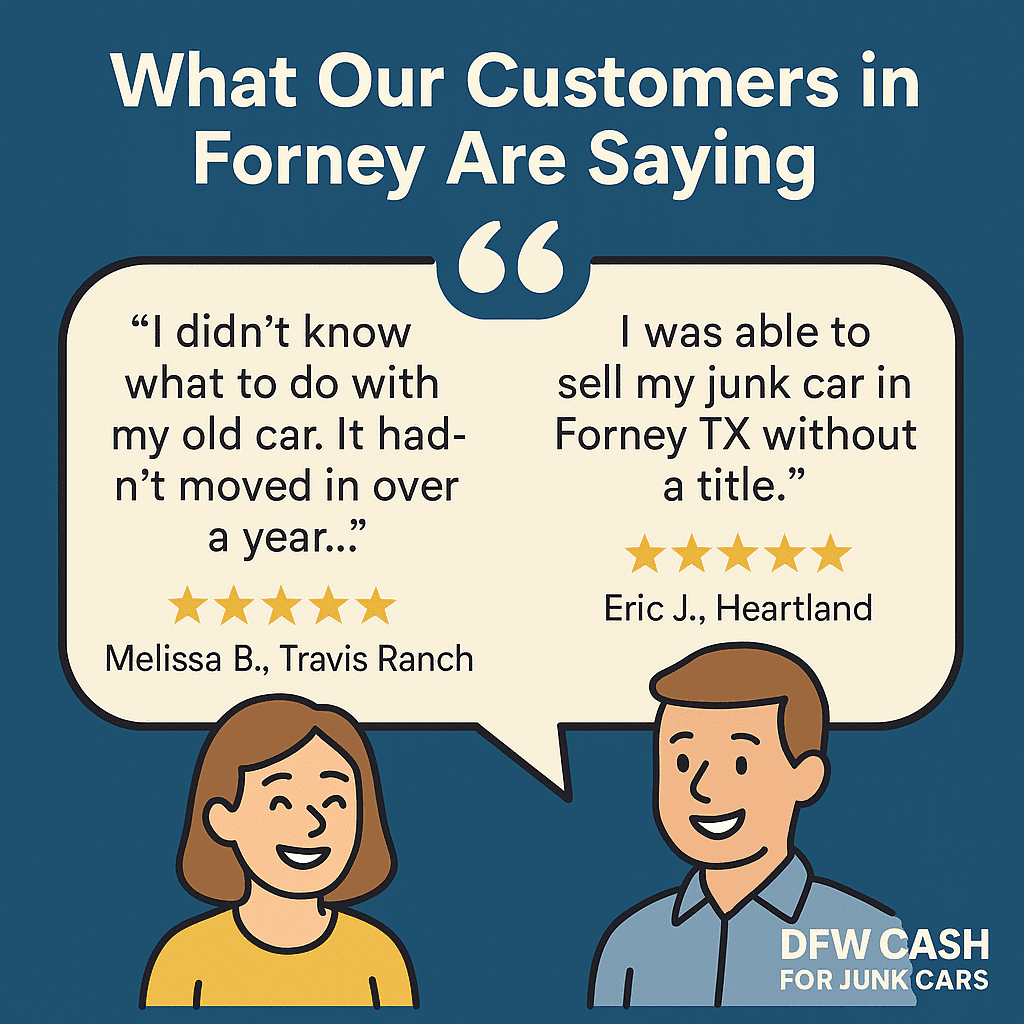 Customer testimonials for DFW Cash for Junk Cars, featuring quotes from satisfied clients Melissa B. and Eric J. about selling junk cars in Forney, TX, with a focus on convenience and fast service.