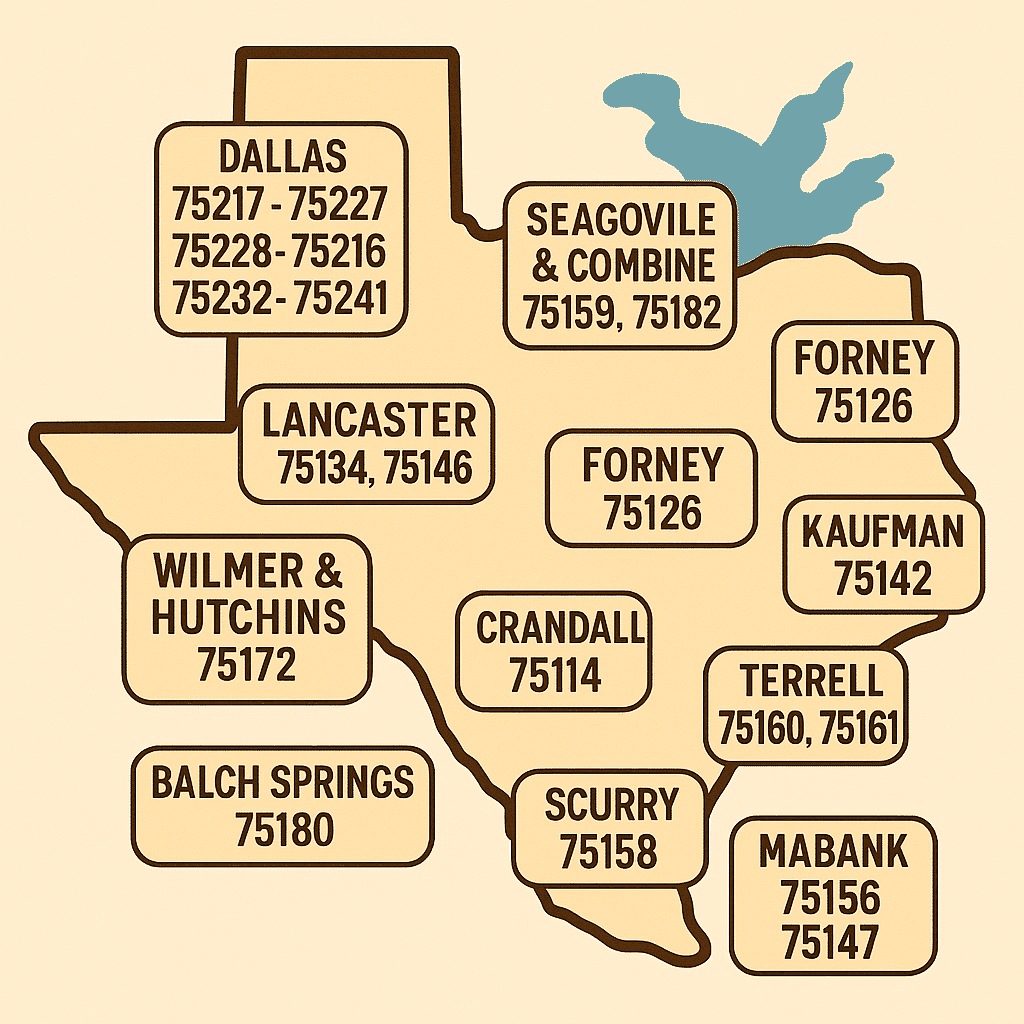 Colorful service area graphic showing cities and ZIP codes served by DFW Cash for Junk Cars, including Dallas, Forney, Terrell, and Mabank TX
