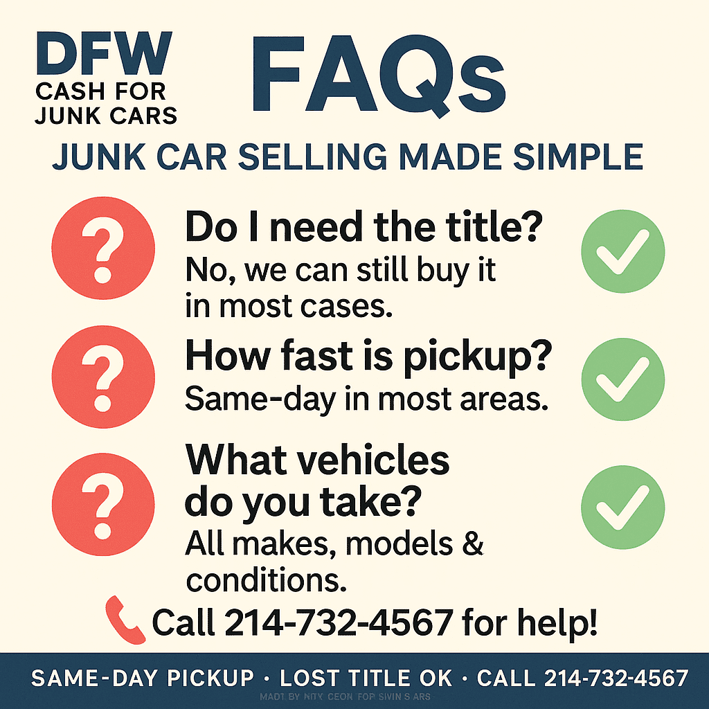 DFW Cash for Junk Cars FAQs graphic detailing junk car selling process, including title requirements, pickup speed, and accepted vehicle conditions, with contact information for assistance.