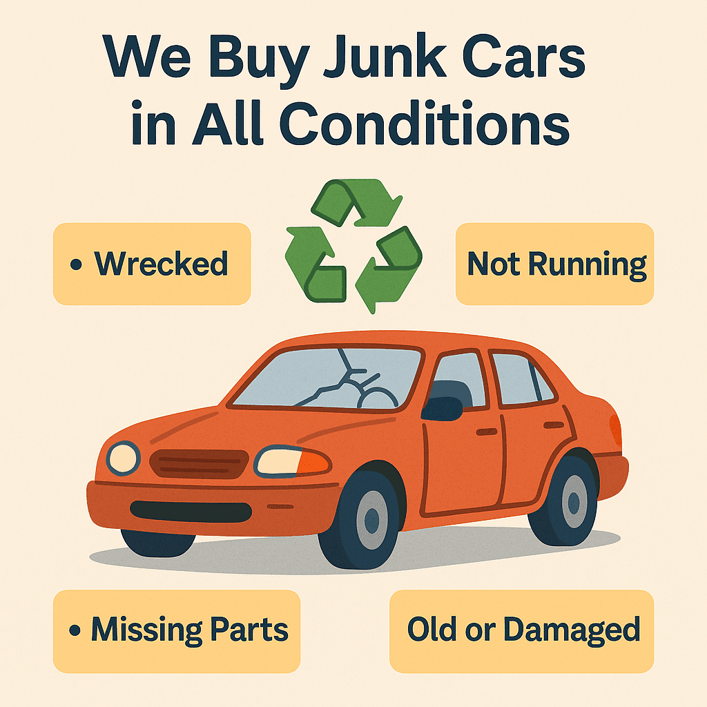 We buy junk cars in all conditions, featuring an orange car with a cracked windshield, surrounded by labels: "Wrecked," "Not Running," "Missing Parts," and "Old or Damaged," emphasizing cash offers and free towing in Wylie, TX.