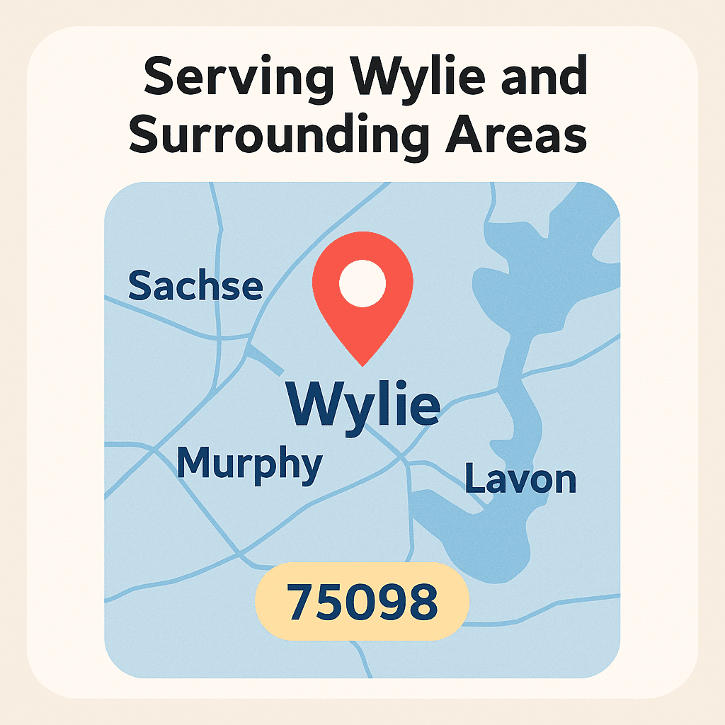 Map highlighting Wylie, TX, with surrounding areas including Sachse, Murphy, and Lavon, featuring a location pin and postal code 75098, relevant to junk car removal services.