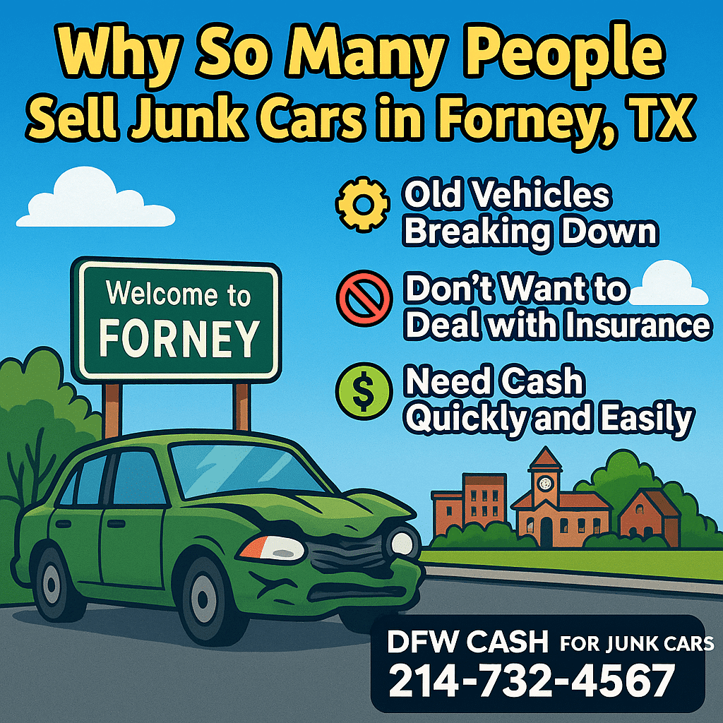 Welcome to Forney sign with a damaged car, highlighting reasons to sell junk cars: old vehicles breaking down, avoiding insurance hassles, and needing cash quickly, promoting DFW Cash for Junk Cars services.