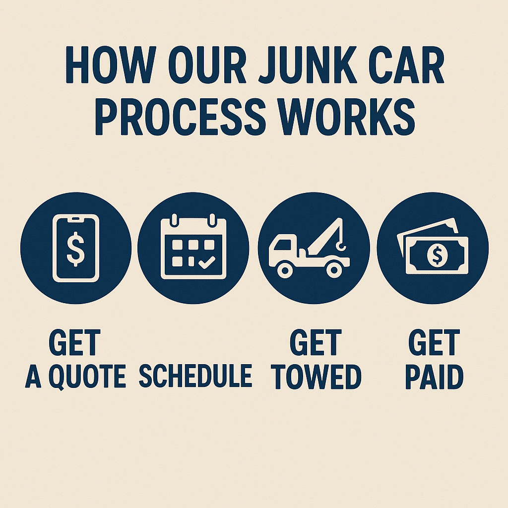 How our junk car removal process works: get a quote, schedule pickup, get towed, and receive cash.