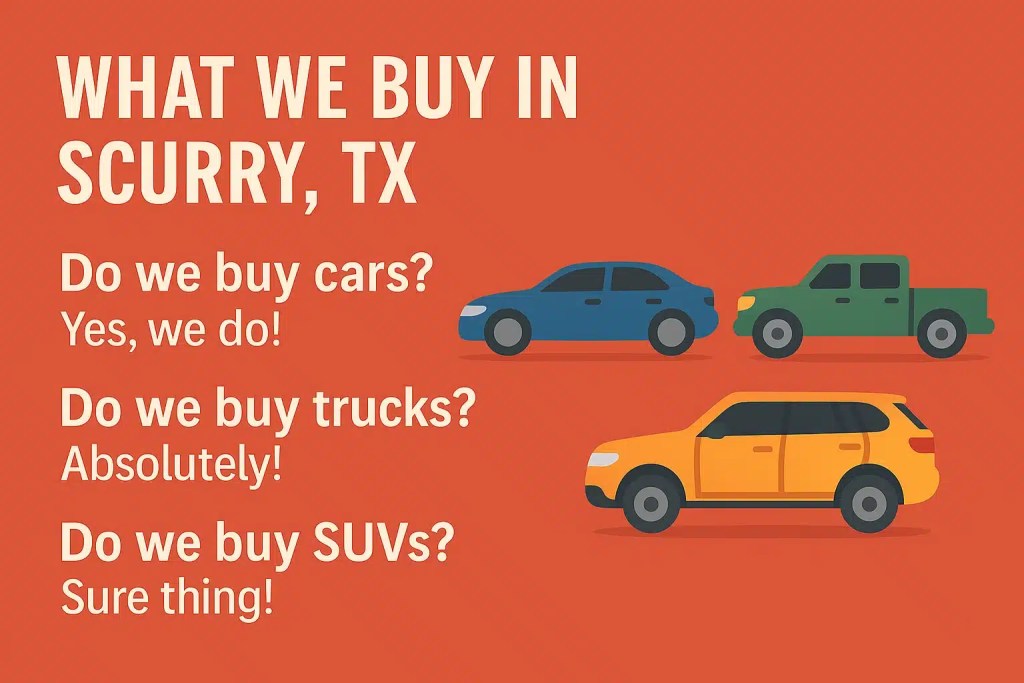 What We Buy in Scurry TX – Cars, Trucks, SUVs | DFW Cash for Junk Cars Colorful graphic illustrating vehicles labeled "What We Buy in Scurry, TX," featuring a blue car, green truck, and orange SUV, emphasizing the types of vehicles accepted by DFW Cash for Junk Cars.