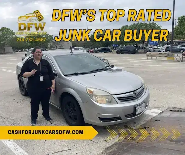 Happy customer standing next to her vehicle during a junk car pickup by DFW Cash for Junk Cars